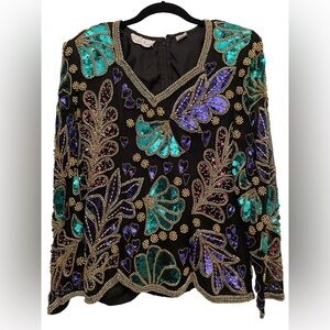 Laurence Kazar Black Blouse with Green and Purple Embellishments
